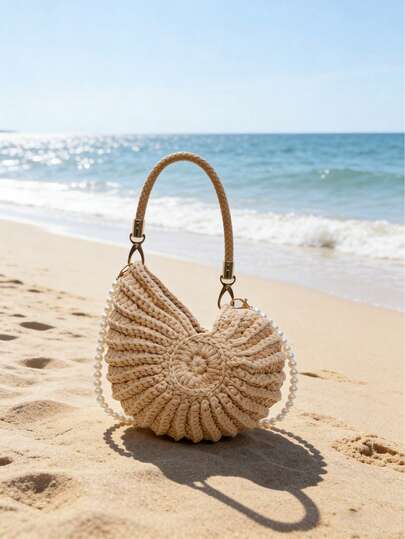 Handwoven Bag, Purely Handmade For Women, Shell-Shaped Crossbody Bag With Shoulder Strap, Finished Product, Hand-Held, Solid Caramel Color, Hollow-Out Design With Open-Top Closure, Single Handle, White Beads, High Aesthetic Appeal, Versatile Shoulder Strap, Suitable For Girls To Carry To Parties, Gatherings, Dates, And Other Occasions.