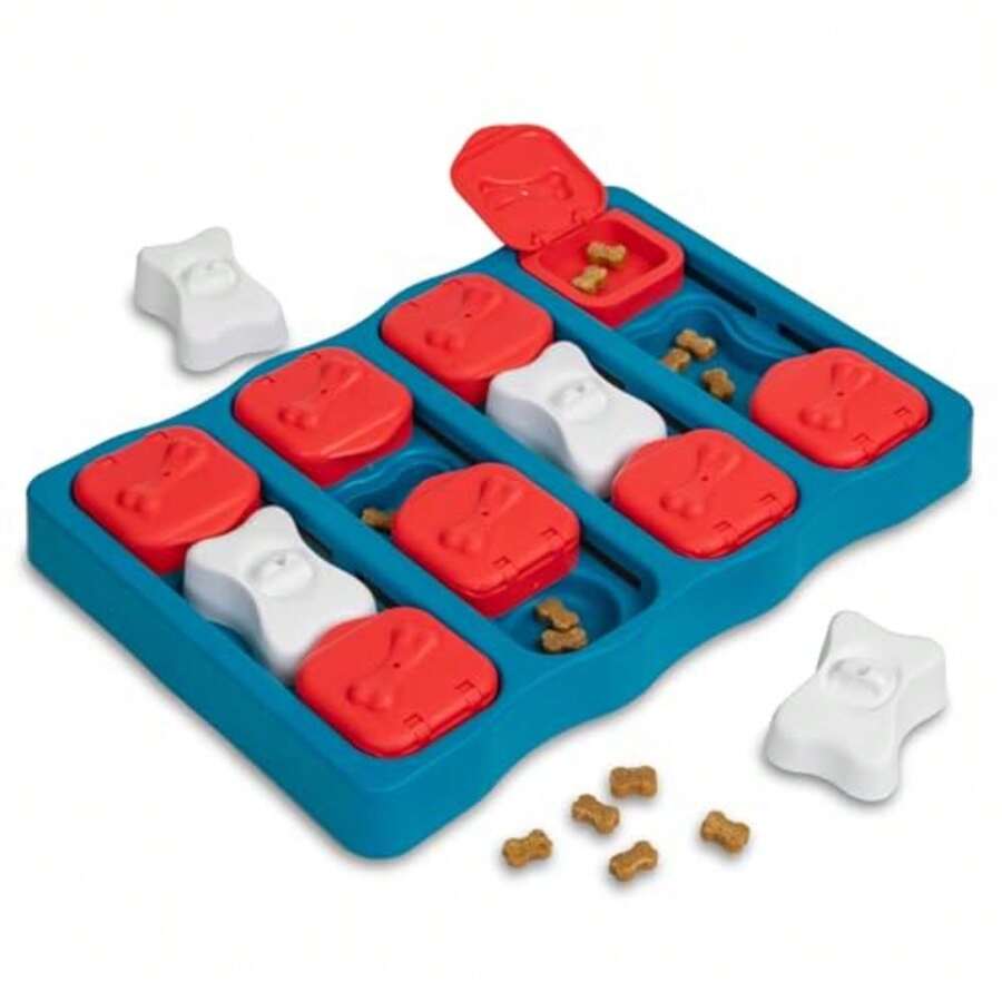 By Nina Ottosson Dog Brick Interactive Treat Puzzle Enrichment Toy Level 2 Intermediate - Dog Brick Red White Blue - View 1