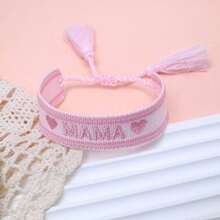1pc Embroidered "MAMA" Heart Boho Tassel Braided Bracelet - Baby Pink - View 6