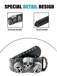 1pc Vintage Punk Rock Style Skull Buckle Fashion Belt For Men - XD - Three Skulls - View 4