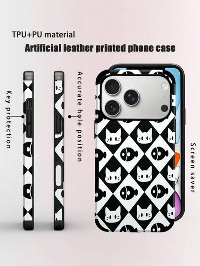 1pc Retro Burgundy Checkerboard Cat Fish Pattern Printed Phone Case, Shockproof, Dustproof, Colorful Printing And Leather Paste Craft, Speaker Hole With Sound Amplifier Design, Suitable For IPhone 17PM/16PM/15PM/17/16/15/14/13/12/11, Galaxy S22/23/24, Merry Christmas And Happy Holidays Checkerboard Pattern Super Fiber PU