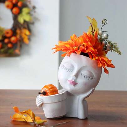Flower-Shaped Head Face Planter, Dolkgy Woman Face Planter, Unique White Head Planter For Indoor And Outdoor Plants, Cute Novelty Lady Head Planter Vase With Hole