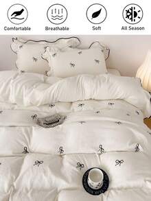 2/3件套白色蝴蝶刺绣涤纶被套组，双层荷叶边，可爱复古四季床上用品套装，柔软透气被套（1个被套+1/2个枕套，不含填充物） - 白色 - 查看 2