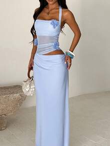 WOWDARK 夏季连衣裙，性感镂空花卉露背优雅派对礼服，适合情人节、约会、聚会、派对、旅行、度假、海滩婚礼等场合。 - 藍色 - 查看 5