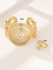 Set de 2 piezas de joyería con diseño geométrico asimétrico de círculo y espiral, brazalete y anillo de metal hueco con diseño geométrico, adecuado para uso diario en todas las estaciones - Amarillo Oro - Ver 6