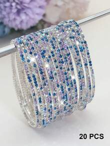 6/10/20/60 件装弹力超薄闪亮彩色叠戴手镯，女士款，白色、蓝色、紫色、粉色、绿色、咖啡色，网球手镯，派对及节日礼物 - 紫羅蘭混合 - 查看 1