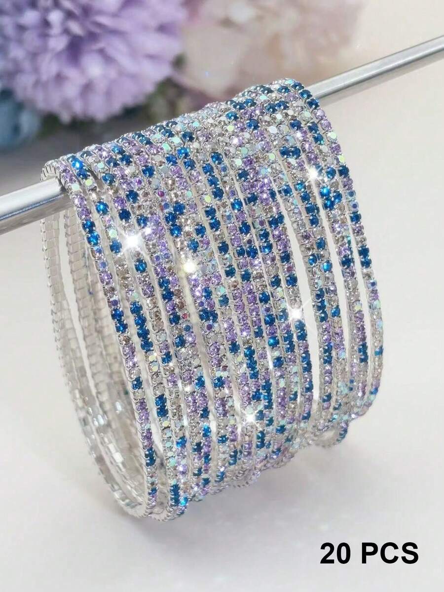 6/10/20/60 件装弹力超薄闪亮彩色叠戴手镯，女士款，白色、蓝色、紫色、粉色、绿色、咖啡色，网球手镯，派对及节日礼物 - 紫羅蘭混合 - 查看 1