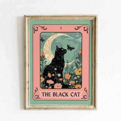 1幅无框燕尾服猫与蝴蝶墙面艺术画，神秘新月花卉背景，充满奇思妙想的复古美学海报，适用于卧室、客厅、宿舍、房间装饰，个性海报，大学宿舍必备，独特礼物和家居装饰