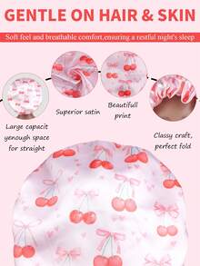 1 chiếc mũ ngủ bằng satin in hình quả anh đào/nơ dễ thương, dùng được cả bốn mùa, phù hợp cho tóc xoăn và tóc thẳng. Mũ ngủ có thể điều chỉnh với dây buộc dài. - Mũ dài - Xem 4