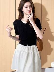 Alicedudu Áo nữ thanh lịch, dáng ôm nhẹ, cổ tròn, viền ren, tay ngắn, màu đen, thích hợp cho mùa hè. - màu đen - Xem 3