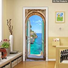 1/2片装海滨风景即撕即贴壁画，海景门贴，白色建筑门贴装饰，拱形窗门贴，绿松石海门贴，蓝天家居装饰贴，适用于卧室、客厅、办公室门装饰，2D平面 - 款式1 - 查看 5