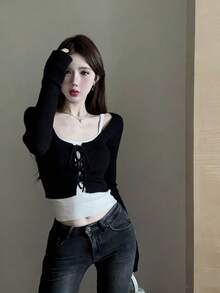 Áo hai dây dệt kim cổ chữ U gợi cảm dành cho nữ, thiết kế buộc dây, áo lót mặc trong cho mùa xuân/hè, màu đen cho ngày Valentine. - màu đen - Xem 3