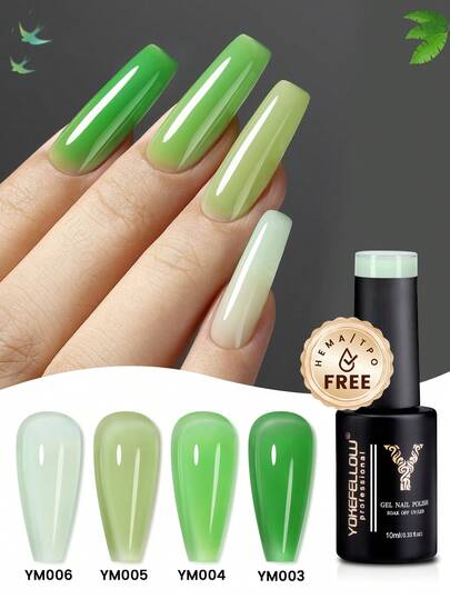 YOKEFELLOW 10ml Jelly Green Gel Nail Polish, Spring Summer Fresh Stlyle Green Nails Semi-Transparent Gel Soak Off UV LED For Nail Salon DIY St. Patrick's Day Nails & Gift