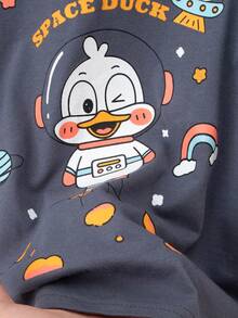 2pcs Set Grey Space Duck Cartoon Print Pajamas, Boys Cotton Sleepwear, Long Sleeve Top And Pants, Spring/Autumn - Grey - View 7