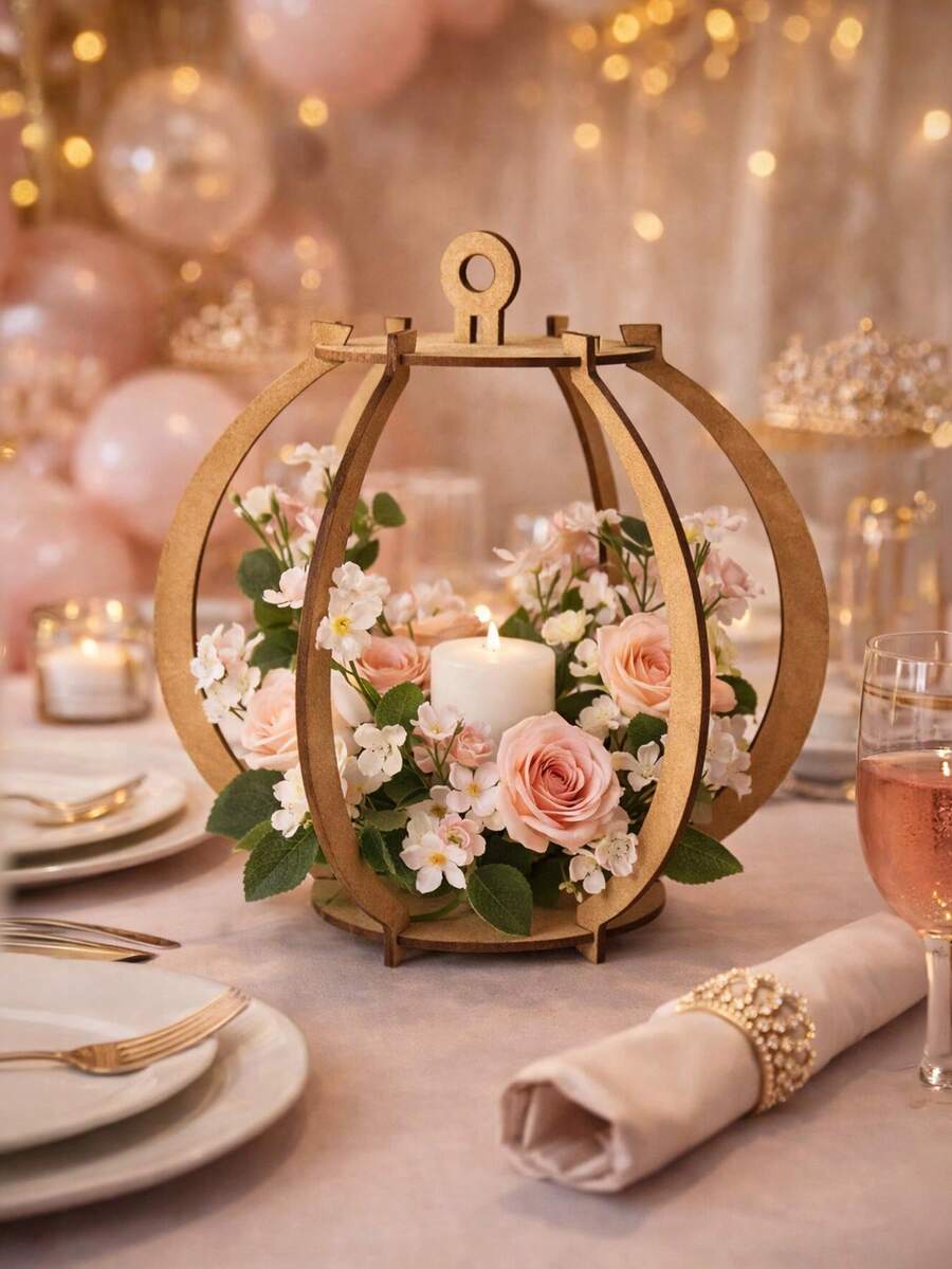 Centro de Mesa MDF Armable 25cm Tipo Farol Decorativo para Bodas XV Años Bautizo Cumpleaños Base para Flores y Velas, Decoración Elegante para Eventos y Fiestas - Ver 1
