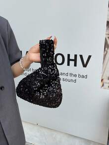 Fashionable Bling Sequin Wristlet Bag, Versatile Retro Style Handbag - Black - View 2