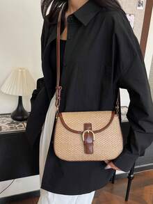 新款编织单肩包，双层腋下包，时尚简约沙滩度假通勤手提包，大容量镂空草编包 - 卡其色 - 查看 5