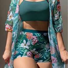 [Fashion Tankini] Floral Fashion Tankini Split Swimsuit For Women | European And American Style, Covering The Belly To Show Off Thinness - 青碧色 - 查看 2