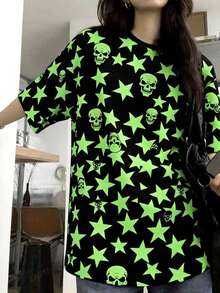 Women's Punk Gothic Style Black Loose Short Sleeve T-Shirt, Neon Green Star & Skull Print, Casual Party Wear, Women's Round Neck Tee Top, Spring/Summer - Multicolor - View 6