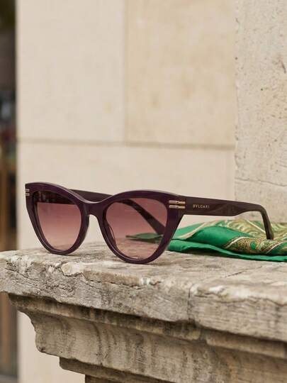 Bvlgari Chic Cat Eye Sunglasses For Women - Elegant Burgundy Frame With Gold Metal Accents, Gradient Lens Fashion Shades, UV Protection, Retro Style For Beach, Travel, Party & Daily Wear