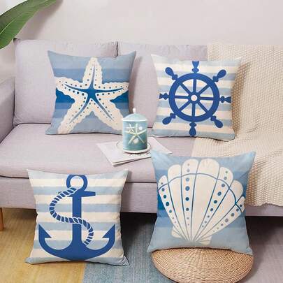 蓝色航海风装饰枕套，沙滩海岸锚头盔海星贝壳导航门廊户外家居装饰，海洋条纹沙发靠垫套