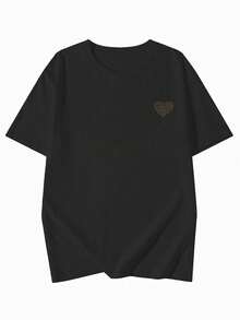 Women's Casual Round Neck Loose Fitting Letter & Heart Print Short Sleeve T-Shirt, Versatile For Spring/Summer Black - Black - View 5