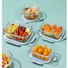 3件套 410毫升/700毫升/1040毫升玻璃食品储物盒，带防漏锁盖的便当盒，适用于微波炉/烤箱/冰箱/洗碗机 - 彩色 - 查看 3