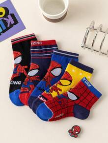 Marvel 5双装儿童袜子，超级英雄蜘蛛侠袜子，男童中筒袜，韩版卡通风格，女童袜子，蜘蛛侠和超级英雄人物袜子，春夏款 - 彩色 - 查看 6