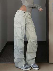 Vintage Street Flap Pocket Three Button Straight Wide Leg Cargo Pants Casual Daily Vacation Versatile Spring Summer Clothes For Women - Grey - View 1