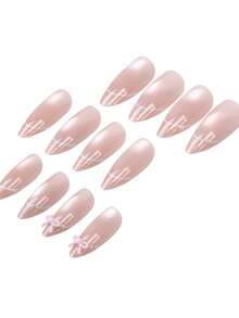 用这套24件装的复古街头甜美可爱简约休闲优雅日常银色金属珠饰3D浅粉色蝴蝶结装饰肉粉极光猫眼法式中杏仁形按压式美甲套装，瞬间提升你的造型，适合甜美精致的女孩和女士在日常生活和购物中使用，让你更加美丽动人。 - 淺粉色 - 查看 4