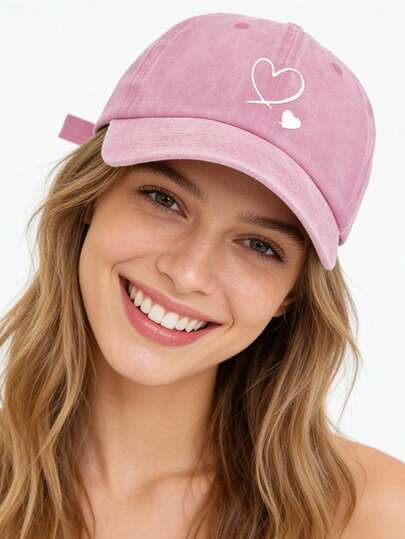 1pc Women's Washed Pink Baseball Cap With 2 Heart Patterns, Unisex Outdoor Sun Hat, Essential Casual Cap,Valentine's Day,Hats For Women,Women Baseball Cap,Trucker Hats For Women,Beach Hat,Double Heart Baseball Cap,Unisex Sun Hat,Outdoor Sun Cap,Valentine Theme Cap,Daily Wear Hat,Beach Baseball Cap,Casual Sports Cap,Adjustable Baseball Cap,Heart Print Dad Hat,Street Style Cap