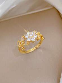 1pc Stainless Steel Luxury Floral Fully Paved Crystal Adjustable Ring, Minimalist Japanese Style Finger Jewelry - Yellow Gold - View 6