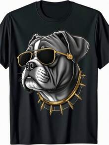 1 Pc Men's Clothing Bulldog Printed Black Tshirt, Graphic Tee, Summer Tops, Shirt, Unisex Casual Crew Neck Tshirt, Plus Size Men's 5XL, Lightweight 220 G/M² Knitted Fabric, Machine Washable, Suitable For Spring/Summer/Autumn Wear Christmas, Halloween, Valentine's Day - 黑色 - 查看 1