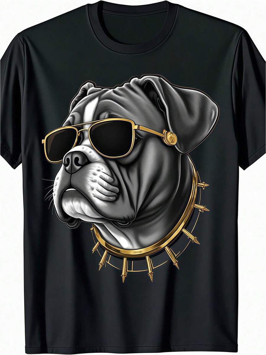 1 Pc Men's Clothing Bulldog Printed Black Tshirt, Graphic Tee, Summer Tops, Shirt, Unisex Casual Crew Neck Tshirt, Plus Size Men's 5XL, Lightweight 220 G/M² Knitted Fabric, Machine Washable, Suitable For Spring/Summer/Autumn Wear Christmas, Halloween, Valentine's Day - 黑色 - 查看 1