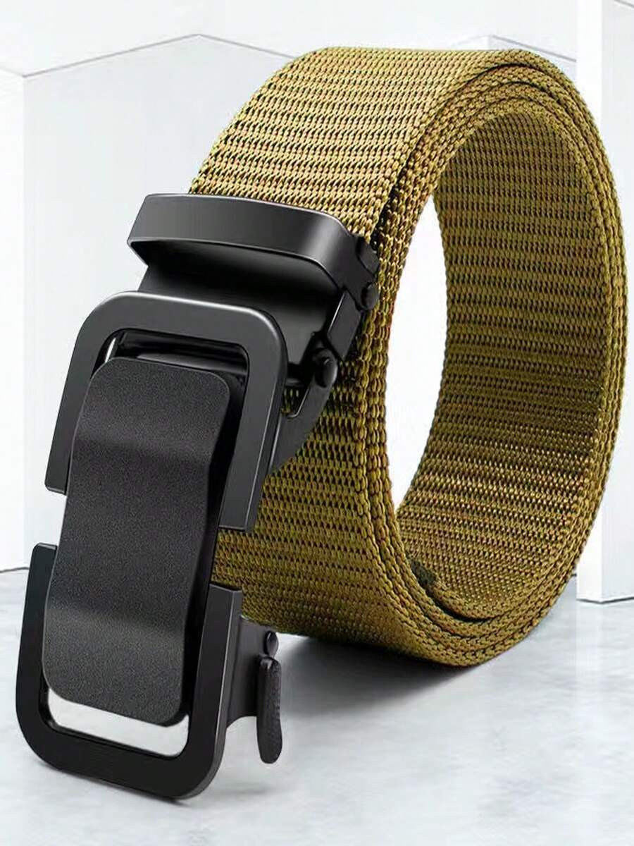 男士尼龙帆布腰带 自动调节 休闲百搭 加厚长款 学生军训牛仔裤腰带，四季通用 纯色 - 卡其色 - 查看 1
