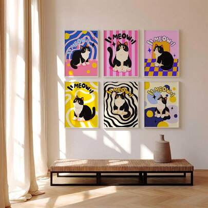 1幅复古波普艺术彩色猫咪墙画，燕尾服猫咪帆布印刷画|极繁主义活力多巴胺现代波普可爱猫咪装饰，适用于卧室、客厅或办公室家居装饰，趣味动物海报，异想天开的宠物肖像，色彩缤纷的公寓必备品，送给她的礼物，可选择无框或有框