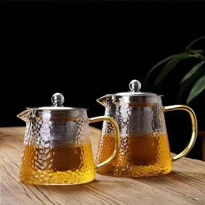 1 pieza Tetera de vidrio borosilicato de alta calidad con infusor de acero inoxidable, textura martillada, transparente para preparar té negro en casa