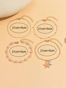 4pcs/Set Classic Elegant Faux Pearl Handmade Chain Anklet, Gold Starfish & Shell Pendant, Multi-Layer Wear For Women, Suitable For Daily, Beach, Travel, Date, Photo Shoot. Chain Length Customizable - Multicolor - View 4