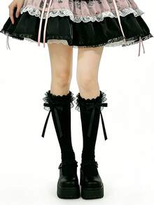 1 Pair Women Lace Trim Bow Knee High Socks, Cute Versatile School Style Mid-Calf Socks, Fashion & Suitable For Daily Wear - Multicolor - View 9