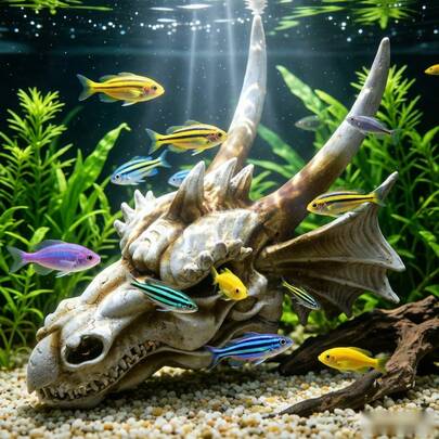 Resin Chinese Dragon Skull Aquarium Decor - Fish Tank Decorations, Suitable For Small Fish And Reptiles, Interesting Aquarium Landscape Cave Series, Aquarium Decor | Aquarium Enhancement | Interesting Aquarium Supplies, Aquarium Accessories,Accessories For Bearded Dragon, Gecko, Snake