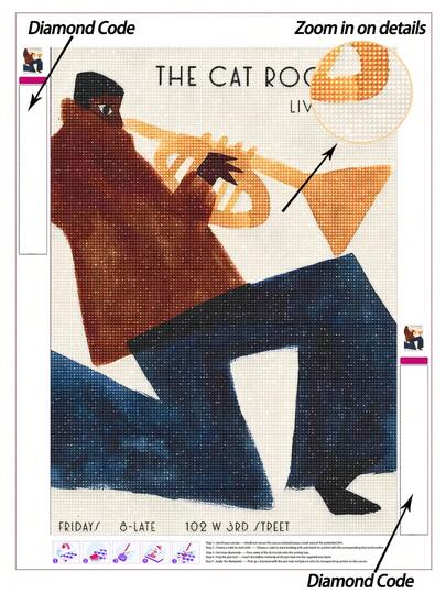 |5D DIY Diamond Painting| Jazz Trumpeter "The Cat Rooms" Live Jazz Poster DIY Diamond Art Kit, Geometric Mid-Century Modern Illustration, Warm Amber And Deep Indigo Color Blocking, And Classic Jazz Venue Typography. Handmade Decorative Painting, 5D DIY Embroidery Mosaic Art, Make Your Own Wall Art DIY, Enjoy The Fun Of Hands-On, The Best Gift For Friends