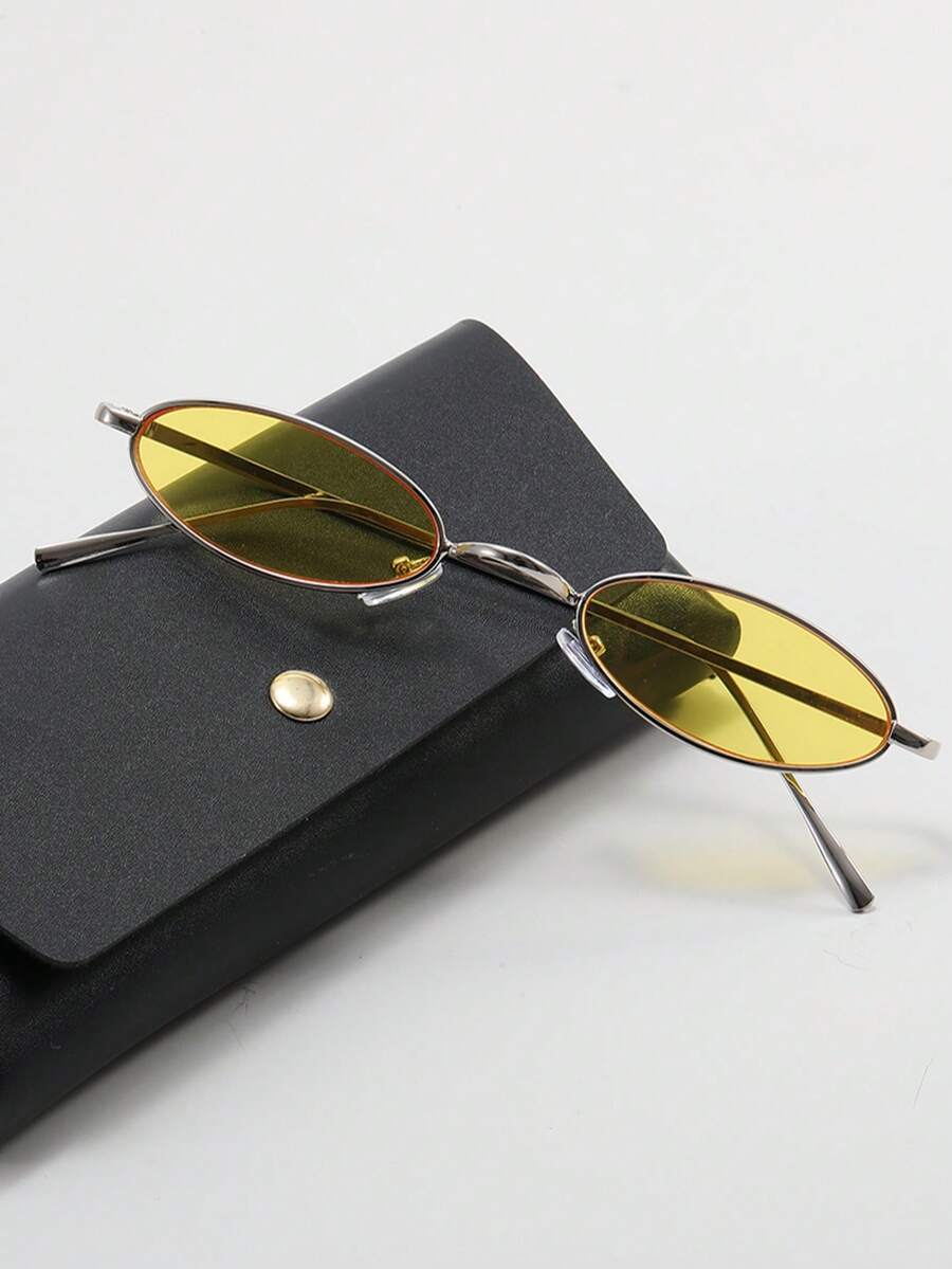 1 par de gafas de moda retro con montura pequeña para hombres, gafas de moda con montura de metal ovalada y delicada para exteriores y playa - Amarillo - Ver 1