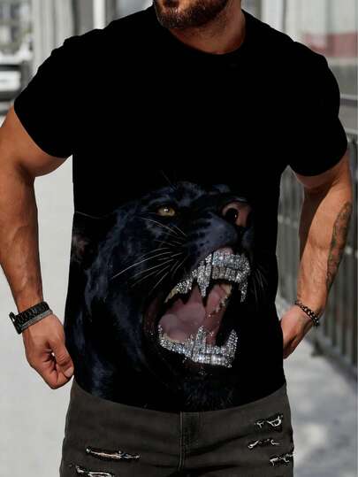 Summer 3D Digital Allover Print Short Sleeve With Rhinestones, All-Over Fierce & Rhinestone Fang Pattern, 3D Craftsmanship Presents Stereoscopic Visual Impact, Black Background Design Is A Personalized-Catching Streetwear Item