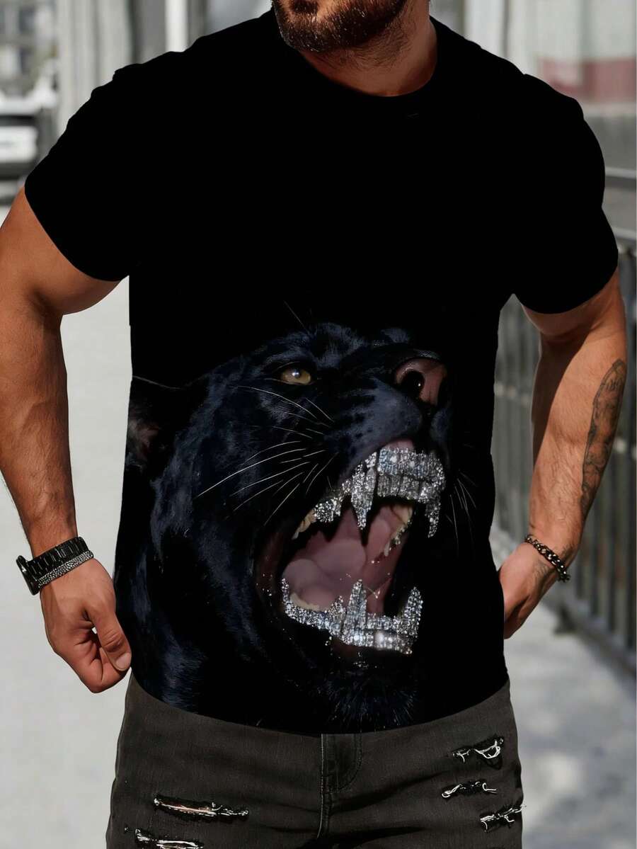 Summer 3D Digital Allover Print Short Sleeve With Rhinestones, All-Over Fierce & Rhinestone Fang Pattern, 3D Craftsmanship Presents Stereoscopic Visual Impact, Black Background Design Is A Personalized-Catching Streetwear Item - Multicolor - View 1