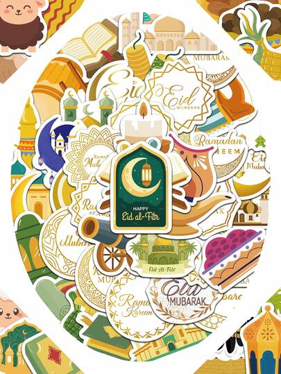 70pcs/Set Funny Cute Cartoon Eid Mubarak Stickers, Decorative Decals For Luggage Notebook Laptop Guitar Stationery Phone Sticker