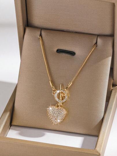 1件优雅蛇骨链圆形心形锆石吊坠项链，适合女性和女孩日常佩戴，情人节和婚礼礼物。