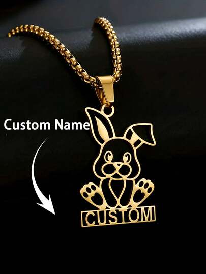 Personalized Custom Name Necklace With A Cute Rabbit Pendant, Plated In 18K Gold Plated. Customizable With English Names, Featuring Lively Eyes And Ears. Suitable For Both Women And Men, Perfect As A Birthday,Thanksgiving Gifts