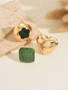 3pcs Exaggerated Fashion Square Enamel Heart & Clover Shaped Ring Set, Casual Chic Fresh Cute Elegant Daily Wear Rings For Women - Multicolor - View 6