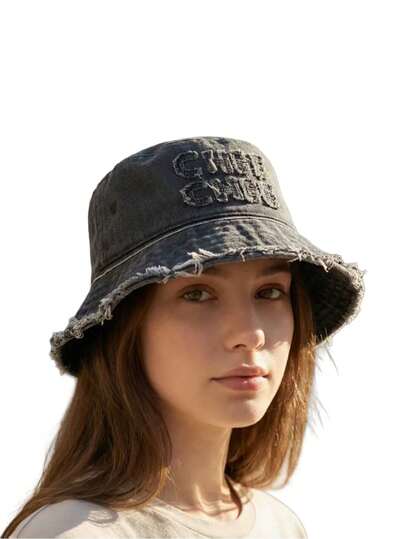 1pc New Washed Denim Lettered Frayed Boater Hat (Korean Version) With Embroidery. Elegant And Fashionable. Basin-Style Hat For Women. Suitable For Daily Wear. Reduces Facial Appearance.