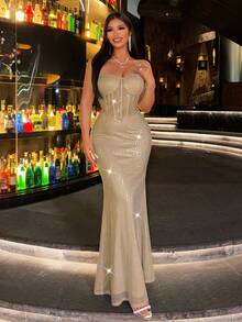 CHOSMO Elegant Sequin Backless Dress, Romantic For Party, Beach, Date Night, Wedding, Birthday, Anniversary, Graduation, Cocktail, Wedding Guest, Prom - Champagne - View 4